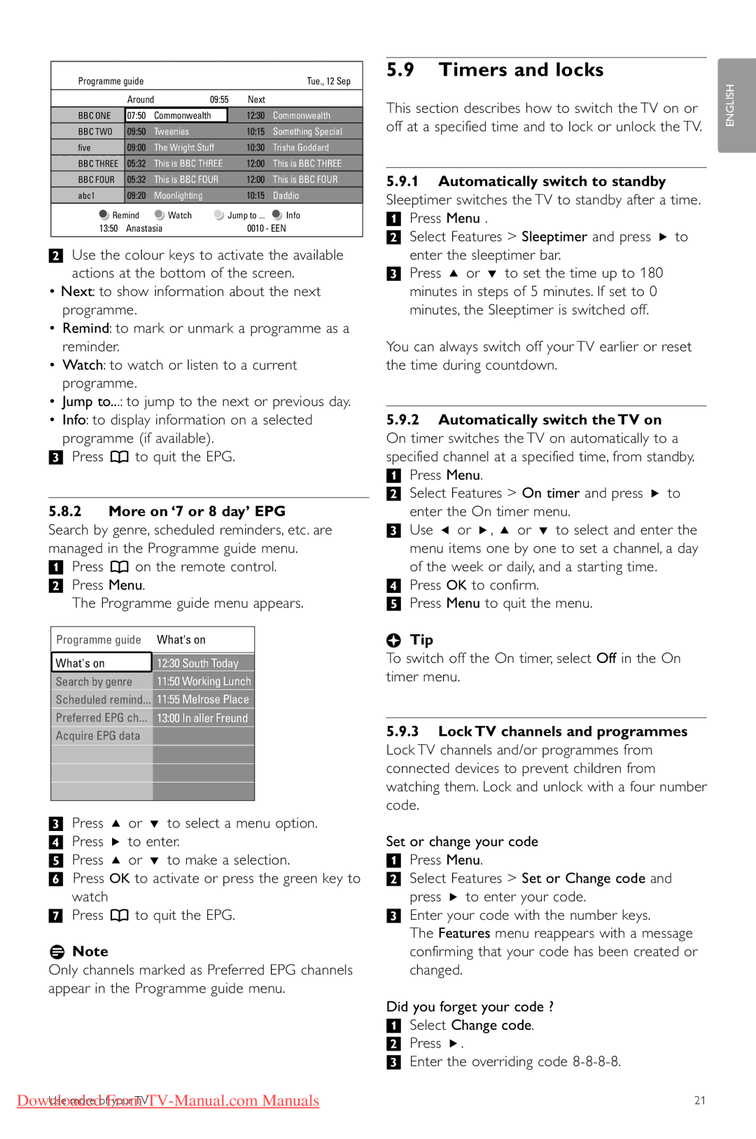 Philips 47PFL7623, 42PFL7623, 32PFL7623 manual Timers and locks, This section describes how to switch the TV on or 