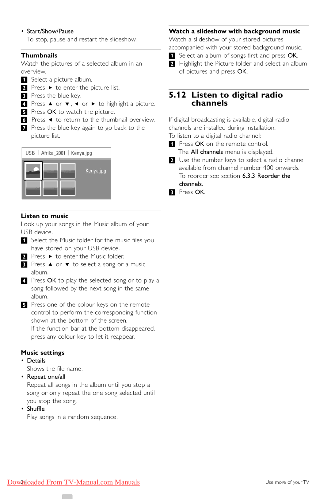 Philips 47PFL7623, 42PFL7623, 32PFL7623 manual Listen to digital radio channels, Thumbnails, Listen to music, Music settings 