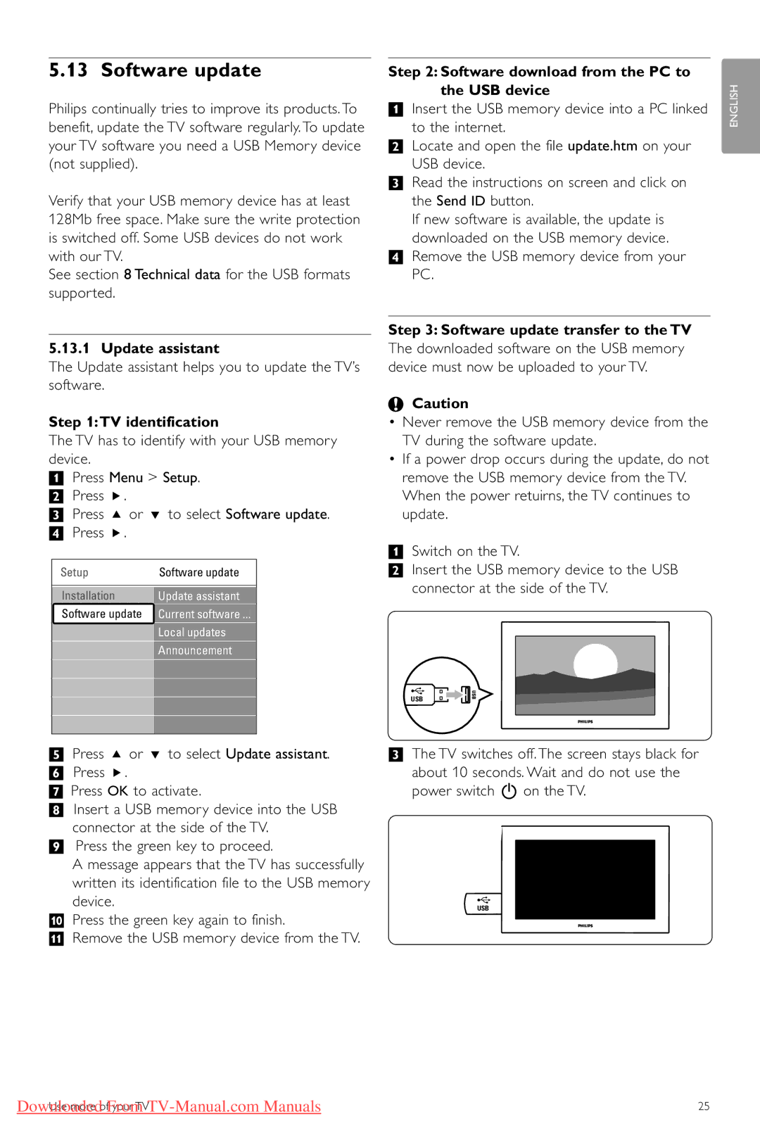 Philips 42PFL7623 manual Software update, Update assistant, TV identification, Software download from the PC to USB device 