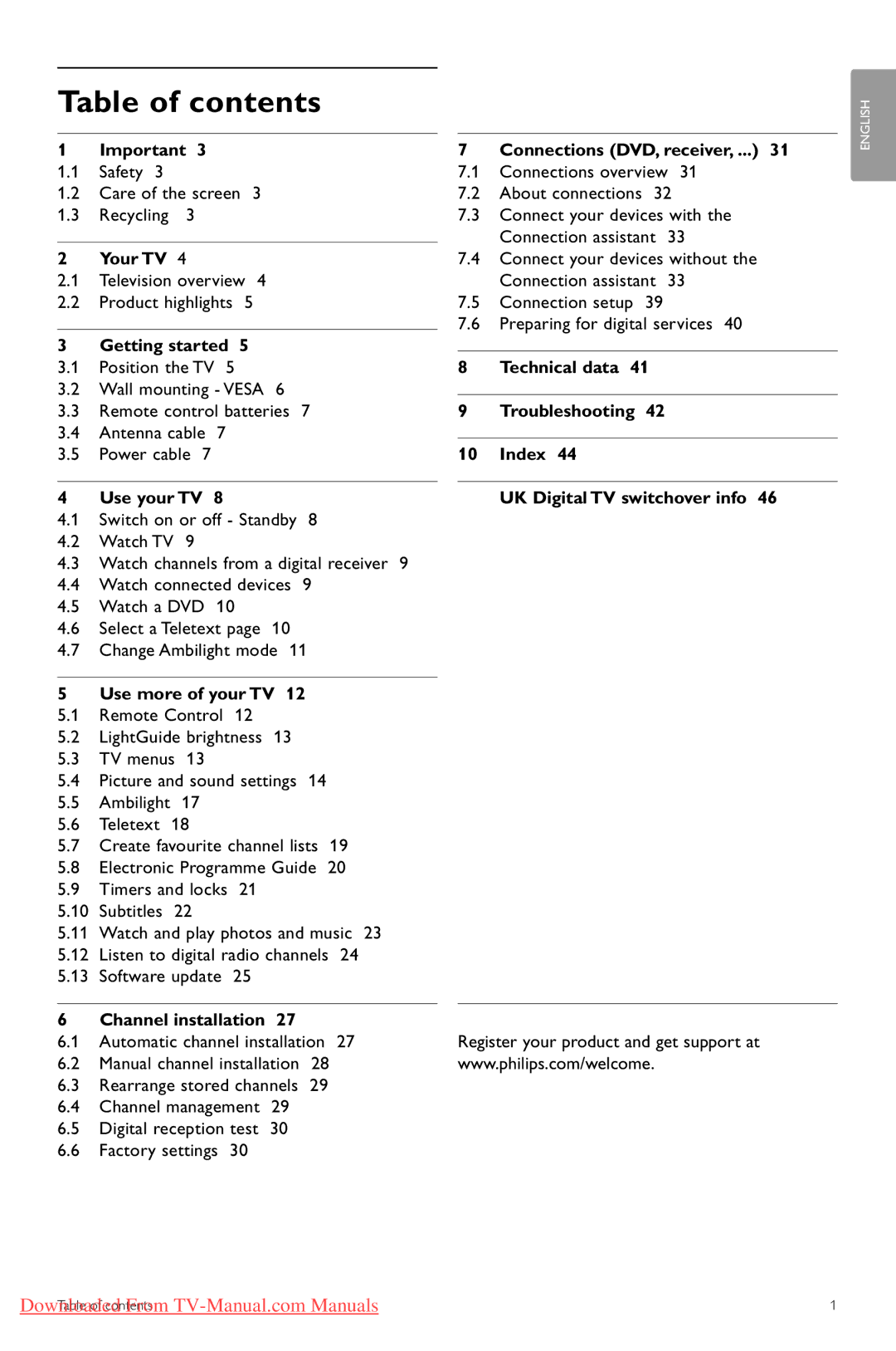 Philips 42PFL7623, 32PFL7623, 47PFL7623 manual Table of contents 