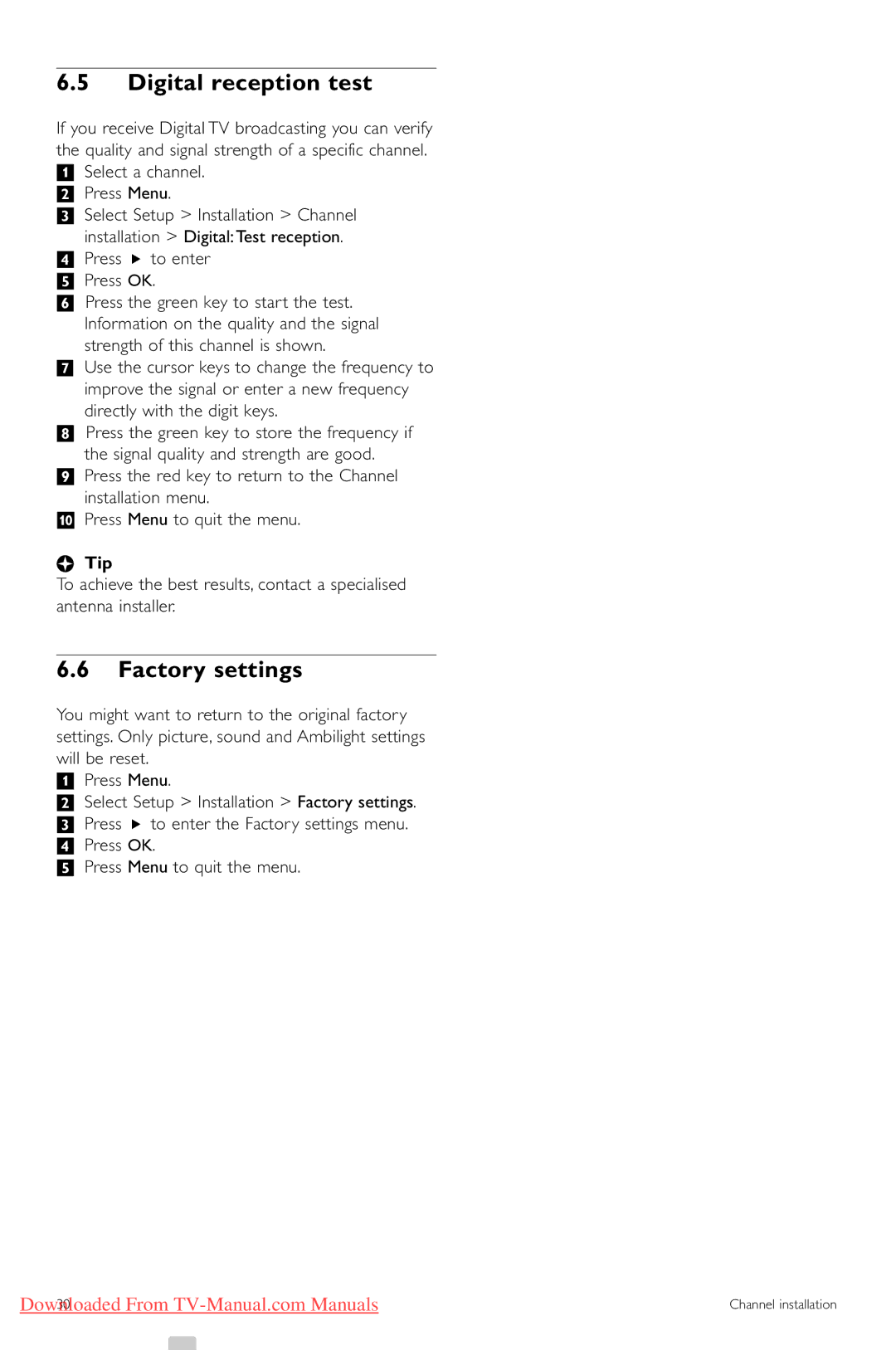 Philips 47PFL7623, 42PFL7623, 32PFL7623 manual Digital reception test, Factory settings, † Press π to enter º Press OK 