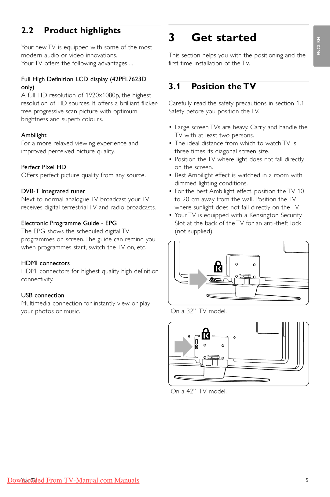 Philips 32PFL7623, 42PFL7623, 47PFL7623 manual Get started, Product highlights, Position the TV 