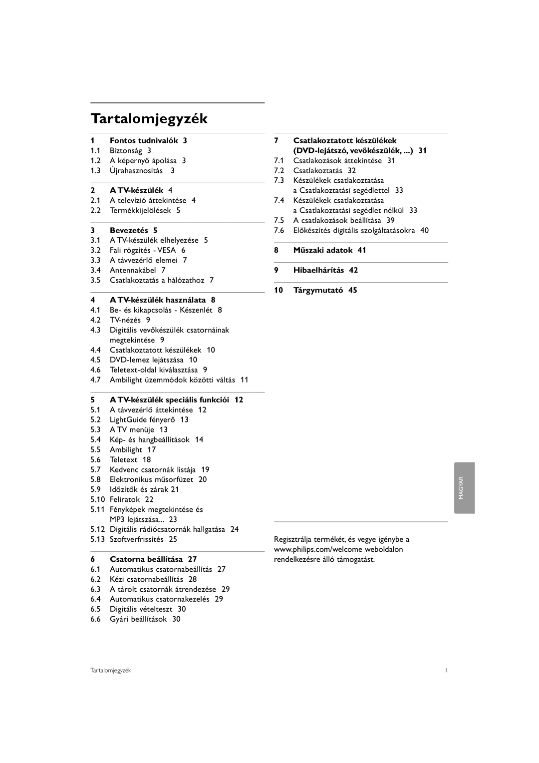 Philips 42PFL7623, 32PFL7623, 47PFL7623 manual Tartalomjegyzék 