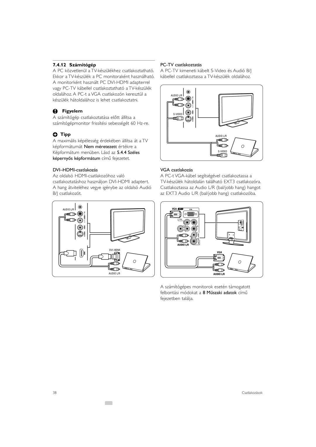 Philips 32PFL7623, 42PFL7623, 47PFL7623 manual 12 Számítógép, VGA csatlakozás 