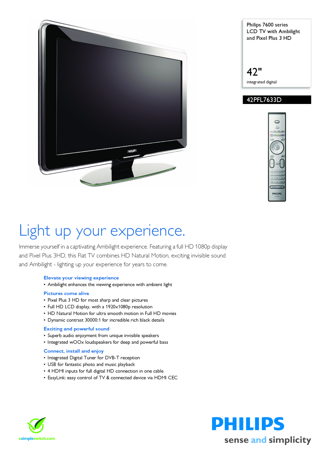 Philips 42PFL7633D/12 manual Philips 7600 series LCD TV with Ambilight and Pixel Plus 3 HD, Pictures come alive 