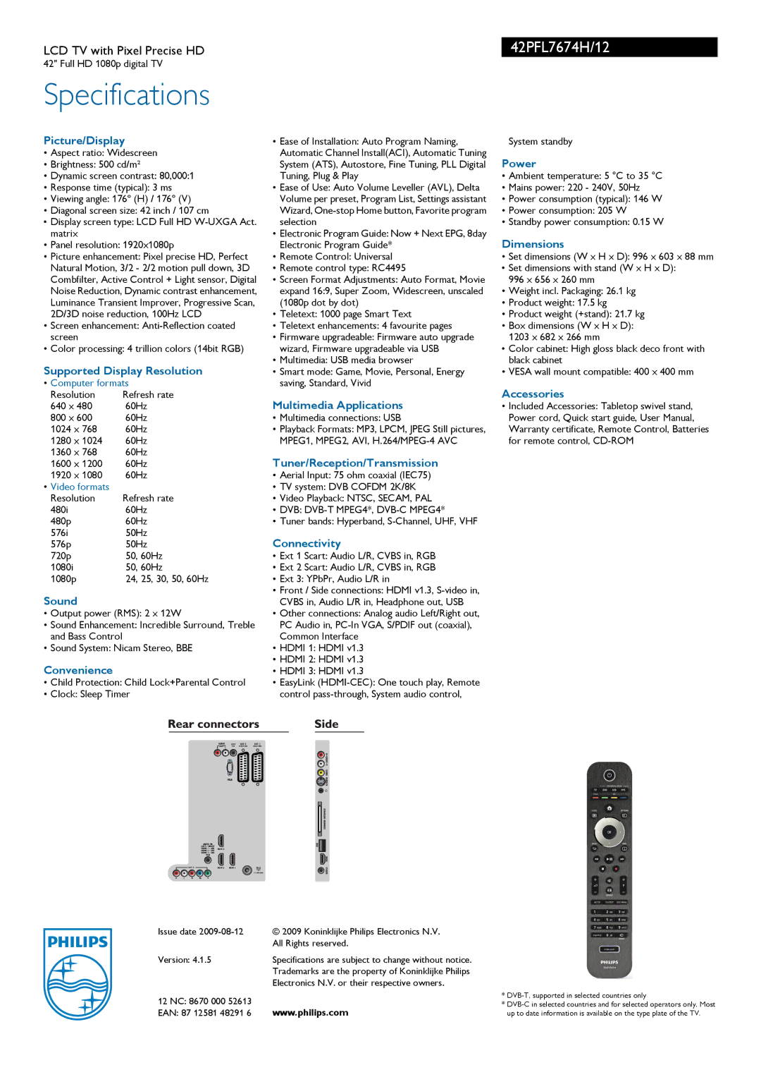 Philips 42PFL7674H manual Picture/Display, Supported Display Resolution, Sound, Convenience, Multimedia Applications, Power 