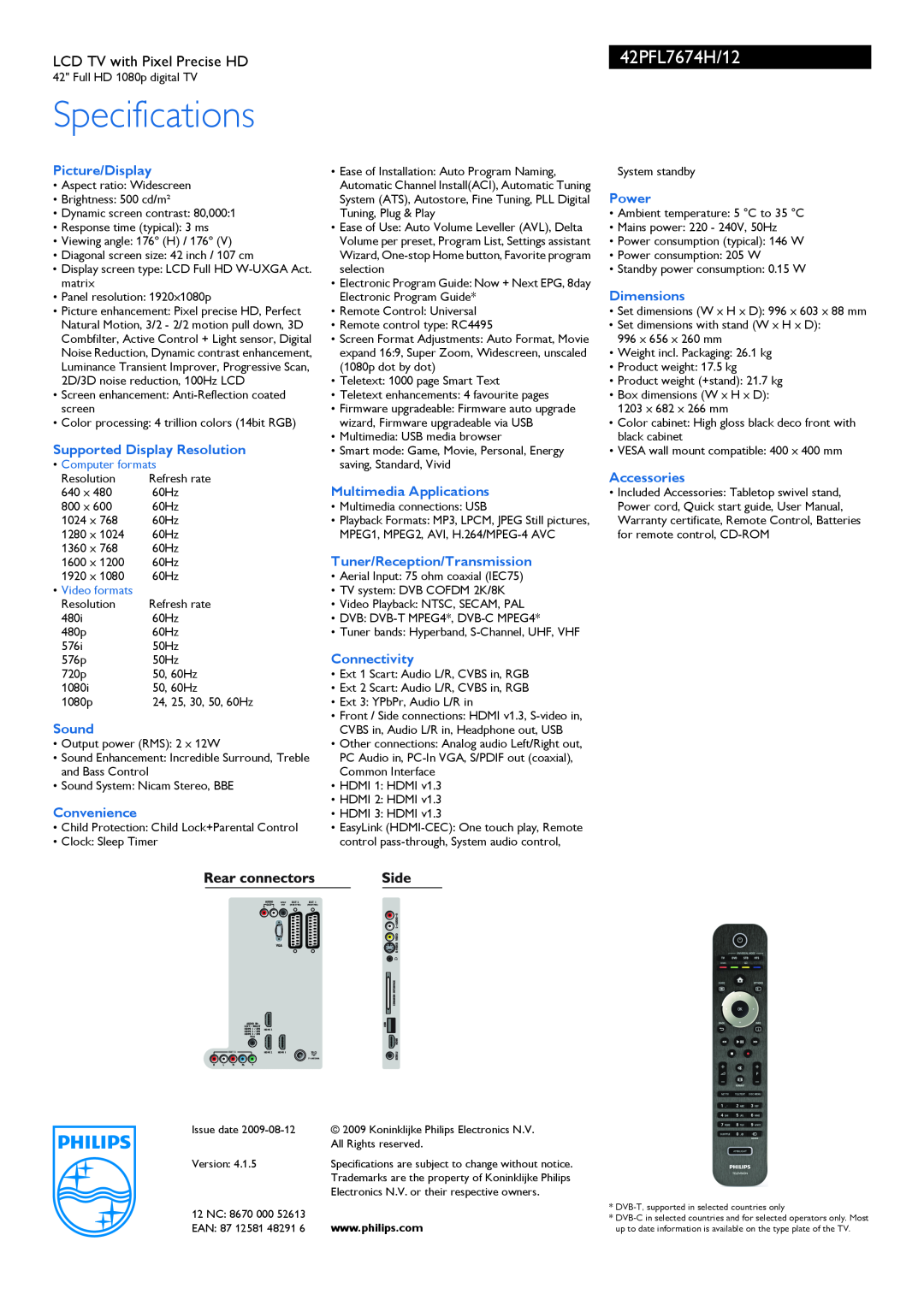 Philips 42PFL7674H Specifications, Picture/Display, Supported Display Resolution, Sound, Convenience, Connectivity, Power 