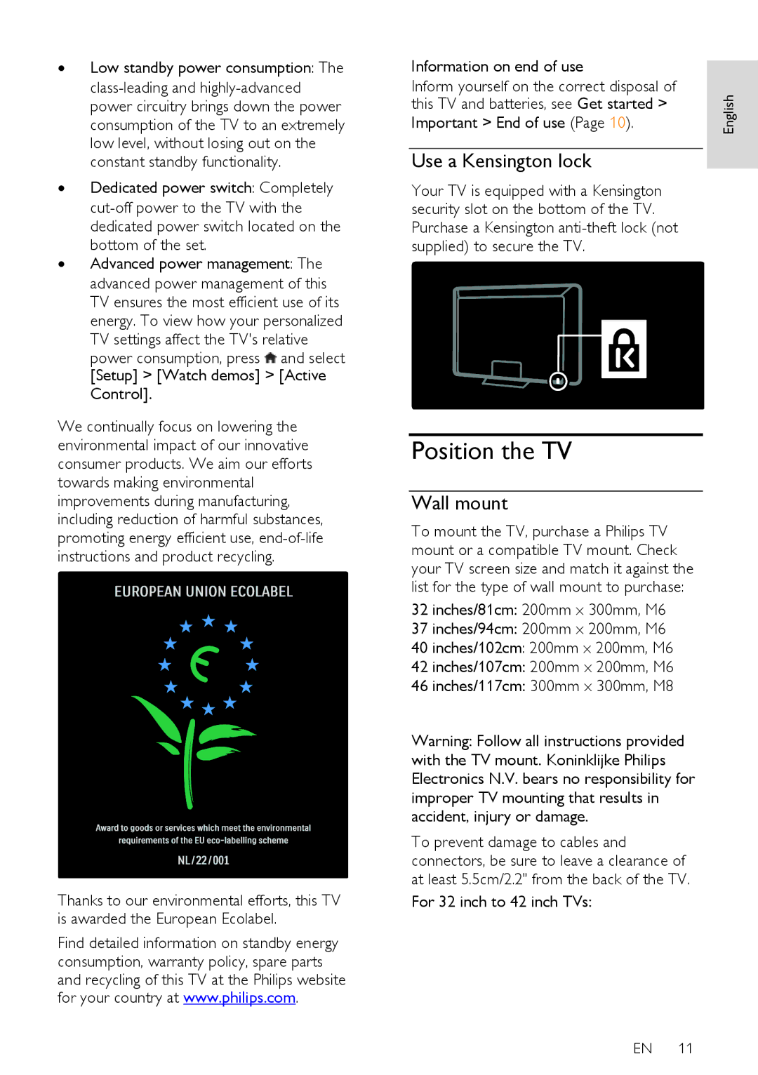 Philips 32PFL76X5C, 42PFL76X5H, 42PFL76X5C, 32PFL74X5H, 32PFL76X5H Position the TV, Use a Kensington lock, Wall mount 