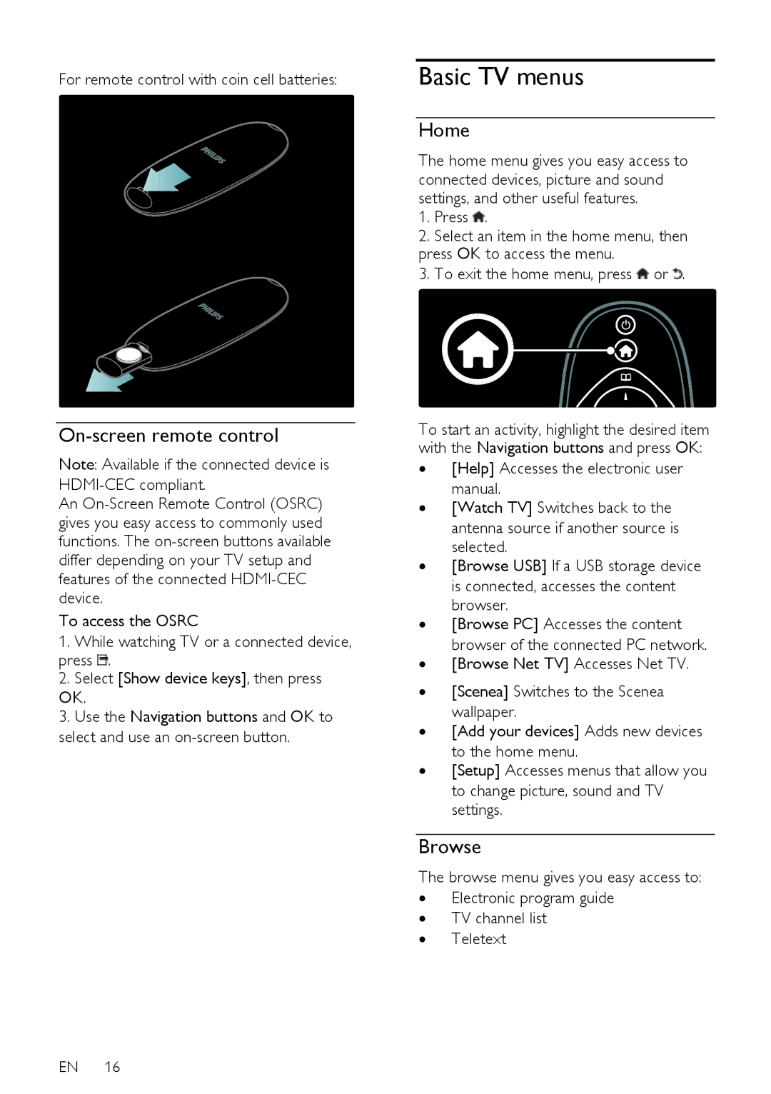 Philips 46PFL76X5H Basic TV menus, On-screen remote control, Home, Browse, For remote control with coin cell batteries 