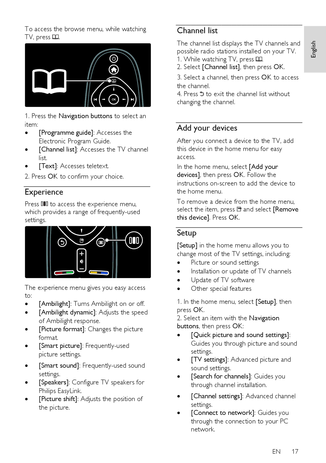 Philips 42PFL76X5H, 42PFL76X5C, 32PFL74X5H, 32PFL76X5C, 32PFL76X5H Experience, Channel list, Add your devices, Setup 