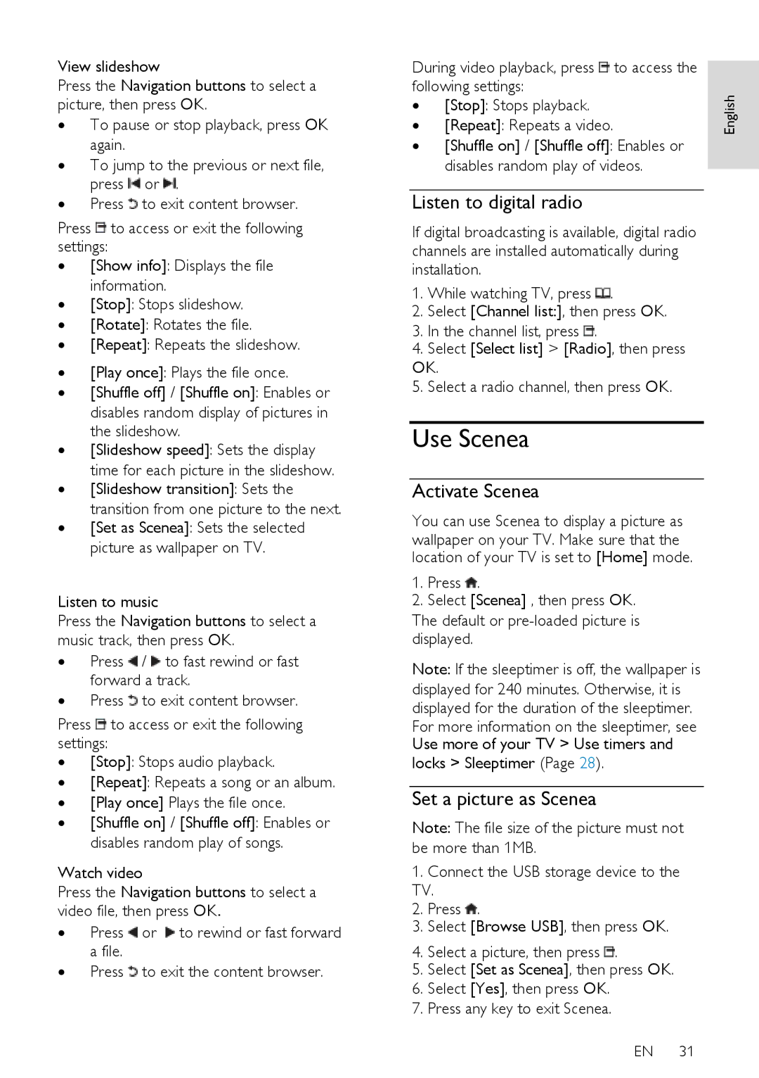 Philips 37PFL76X5H Use Scenea, Listen to digital radio, Activate Scenea, Set a picture as Scenea, Locks Sleeptimer 