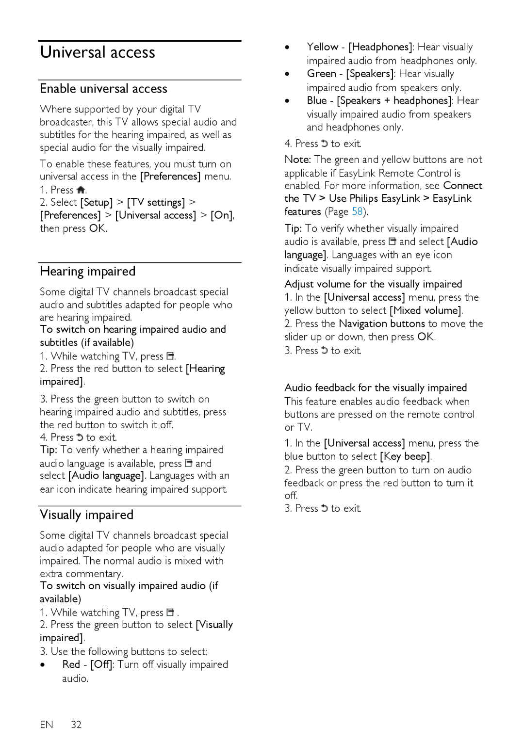 Philips 37PFL75X5H, 42PFL76X5H, 42PFL76X5C Universal access, Enable universal access, Hearing impaired, Visually impaired 