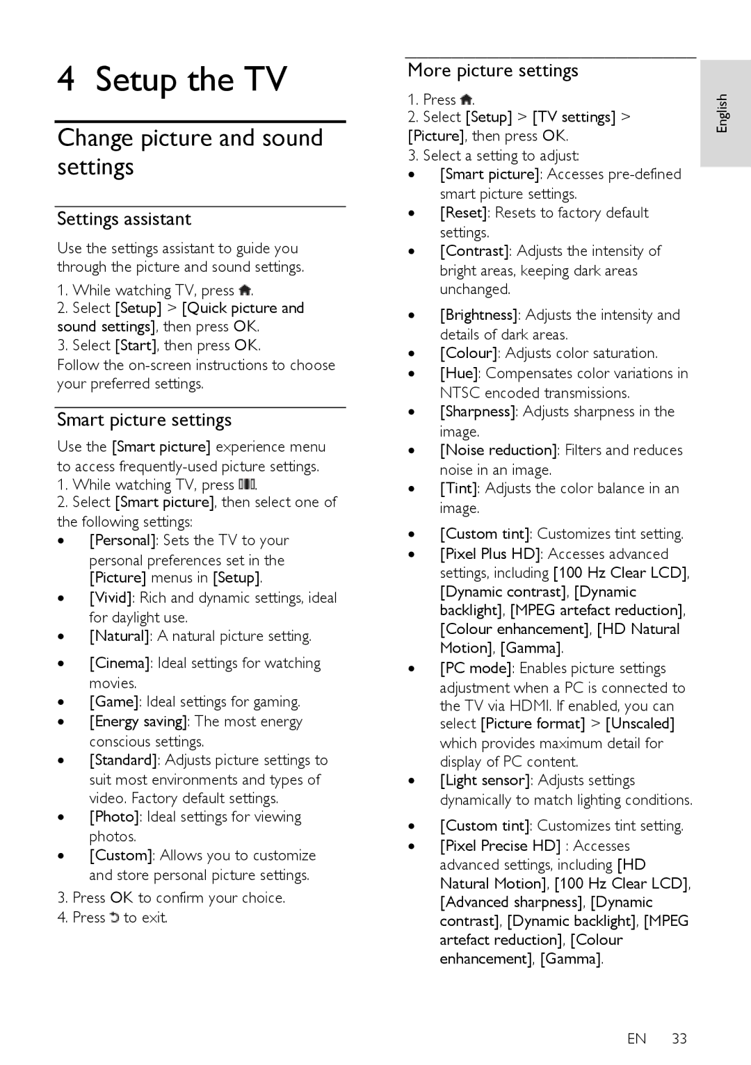 Philips 40PFL76X5H, 42PFL76X5H Setup the TV, Change picture and sound settings, Settings assistant, Smart picture settings 