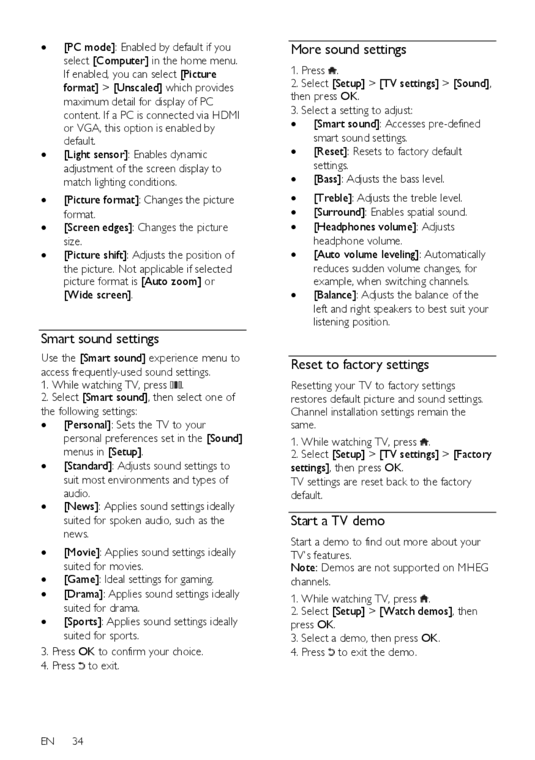 Philips 46PFL76X5H, 42PFL76X5H Smart sound settings, More sound settings, Reset to factory settings, Start a TV demo 