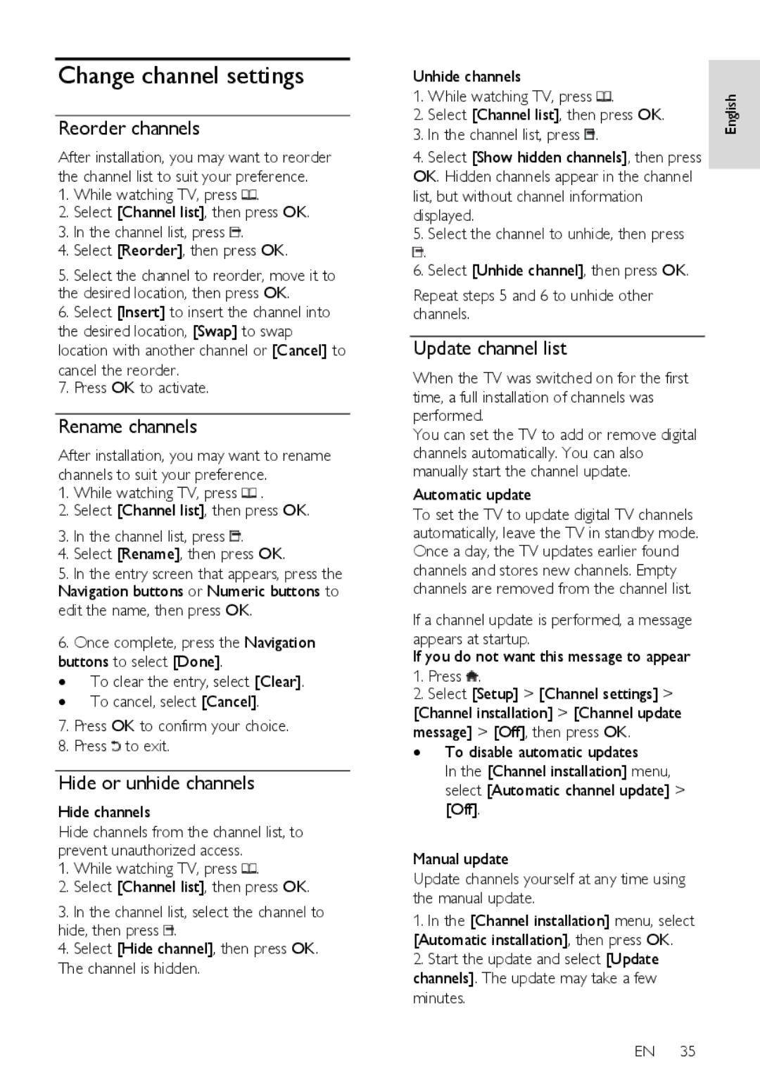 Philips 42PFL76X5H, 42PFL76X5C Change channel settings, Reorder channels, Rename channels, Hide or unhide channels 