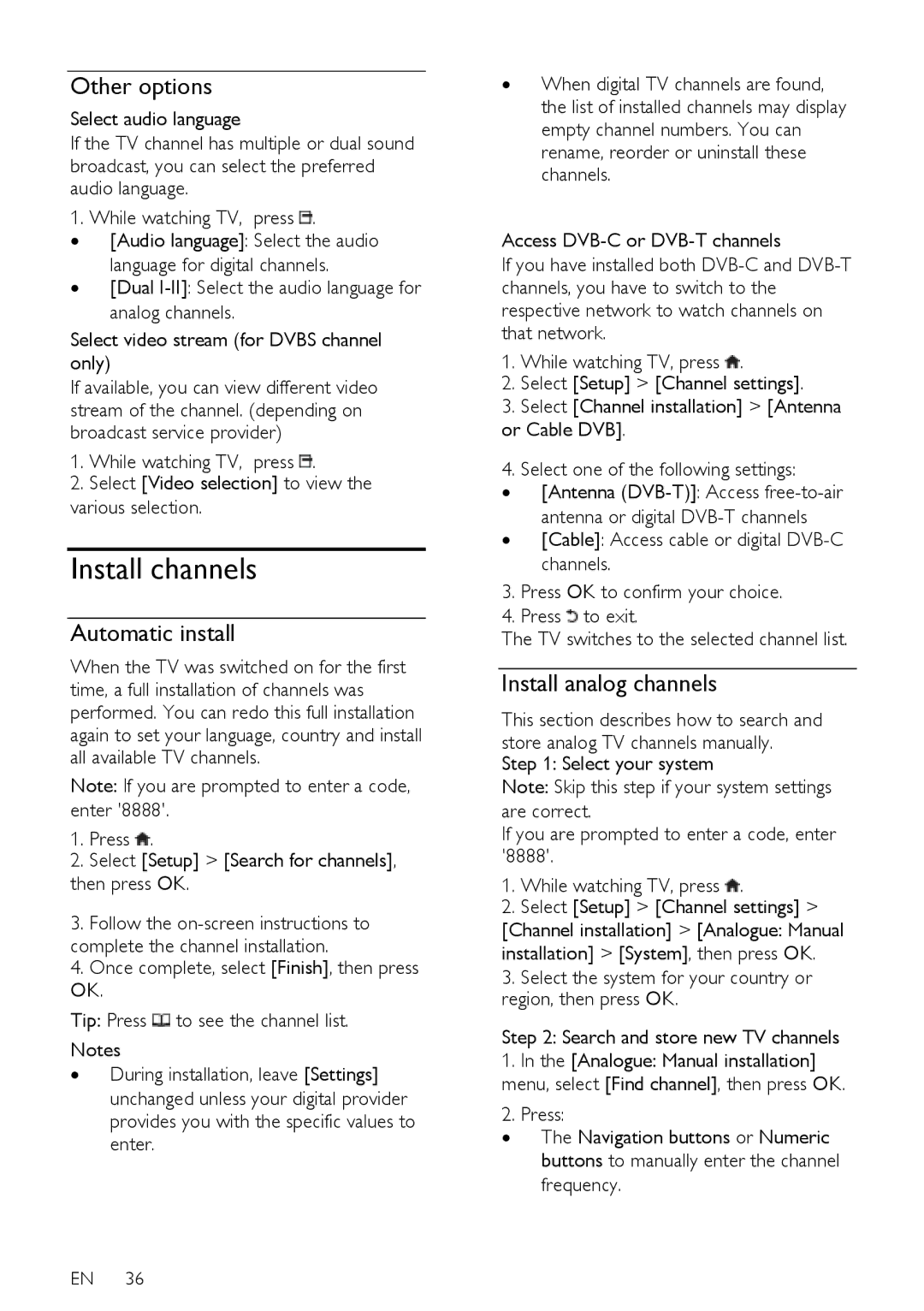 Philips 42PFL76X5C, 42PFL76X5H, 32PFL74X5H Install channels, Other options, Automatic install, Install analog channels 