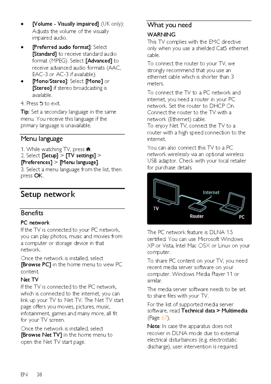 Philips 32PFL76X5C, 42PFL76X5H, 42PFL76X5C Setup network, Menu language, Benefits, Content Net TV, Open the Net TV start 