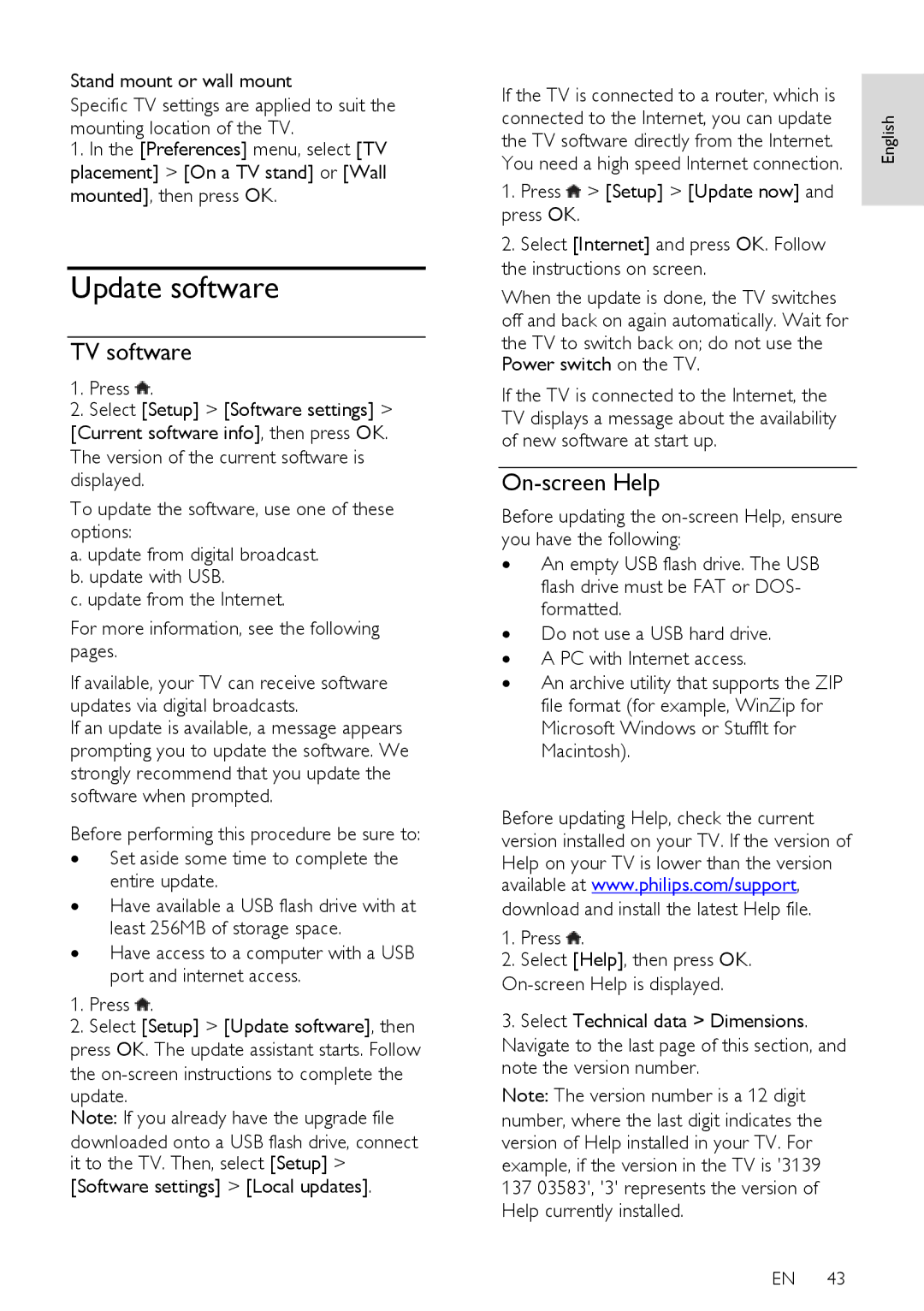 Philips 46PFL76X5H, 42PFL76X5H, 42PFL76X5C Update software, TV software, On-screen Help, Software settings Local updates 