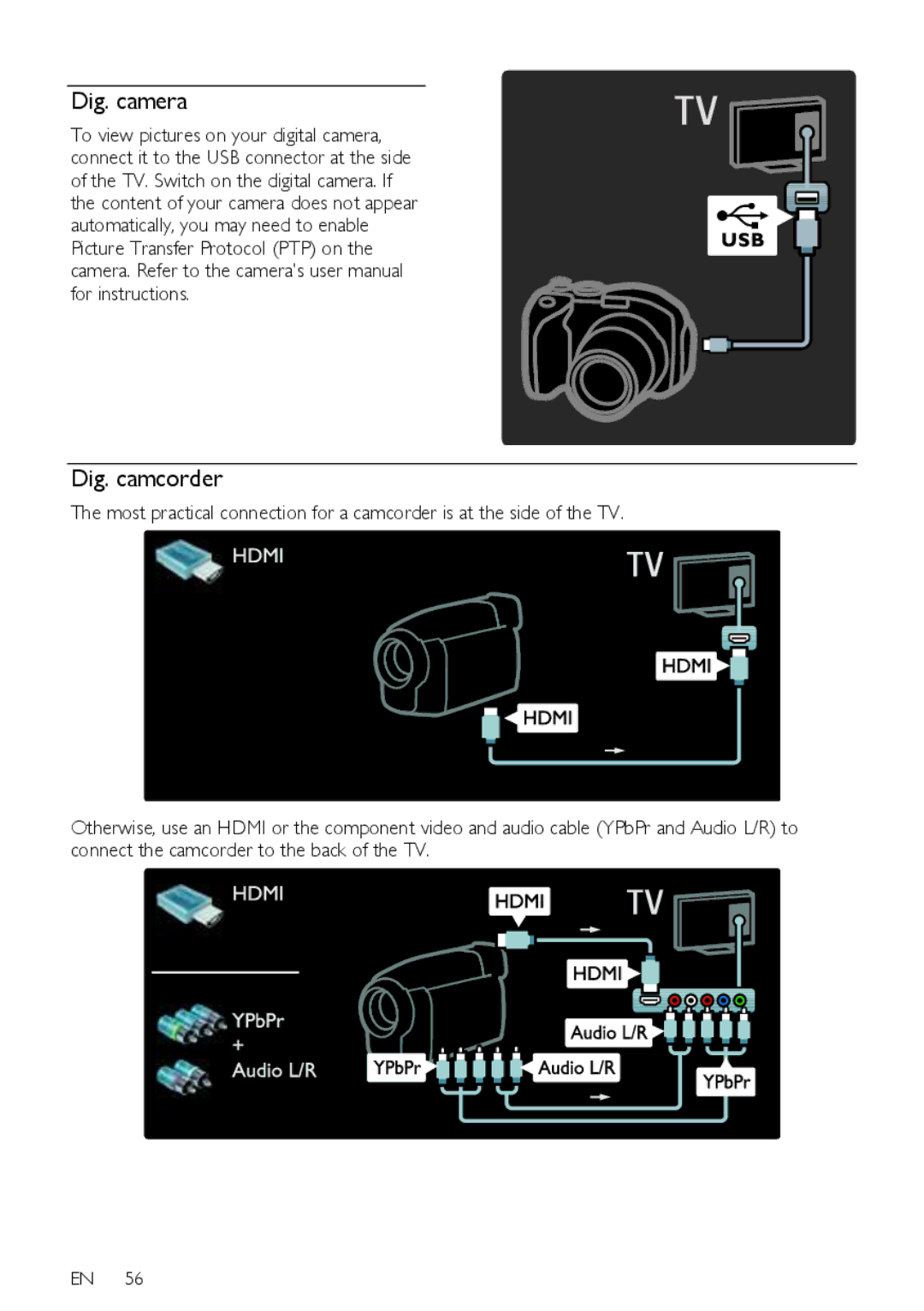 Philips 32PFL76X5C, 42PFL76X5H, 42PFL76X5C, 32PFL74X5H, 32PFL76X5H, 37PFL76X5H, 37PFL75X5H user manual Dig. camera Dig. camcorder 