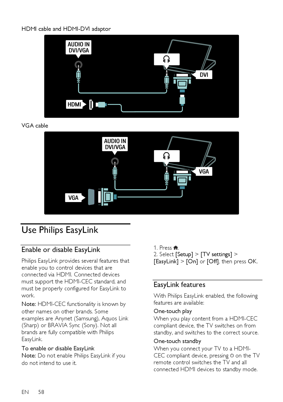 Philips 37PFL76X5H, 42PFL76X5H Use Philips EasyLink, Enable or disable EasyLink, EasyLink features, One-touch standby 