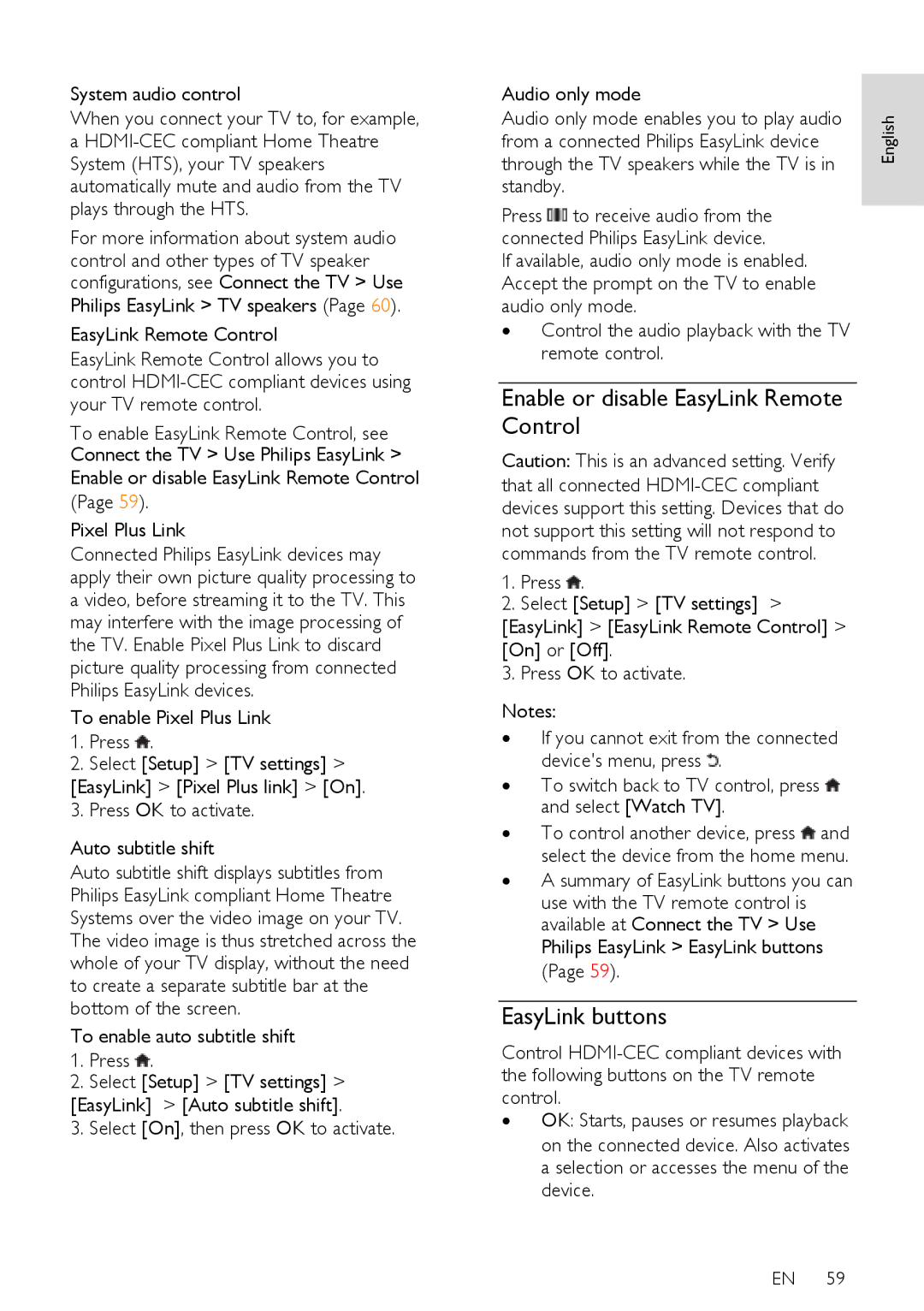 Philips 37PFL75X5H, 42PFL76X5H, 42PFL76X5C, 32PFL74X5H user manual Enable or disable EasyLink Remote Control, EasyLink buttons 