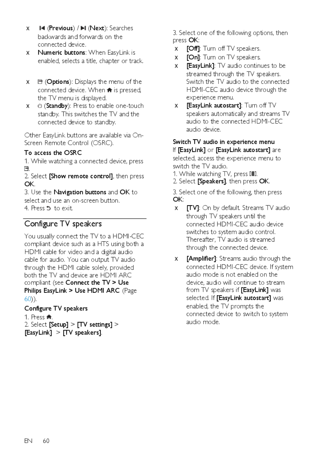 Philips 40PFL76X5H, 42PFL76X5H, 42PFL76X5C Configure TV speakers, Experience menu, Switch TV audio in experience menu 