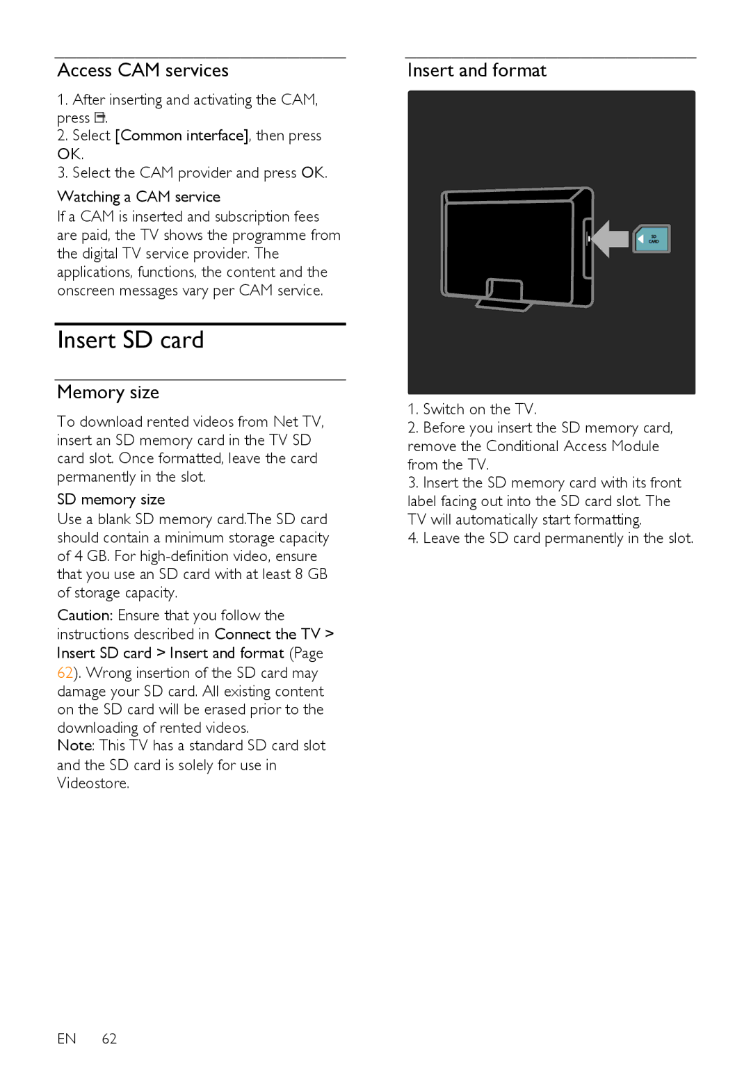 Philips 42PFL76X5H, 42PFL76X5C, 32PFL74X5H, 32PFL76X5C Insert SD card, Access CAM services, Memory size, Insert and format 