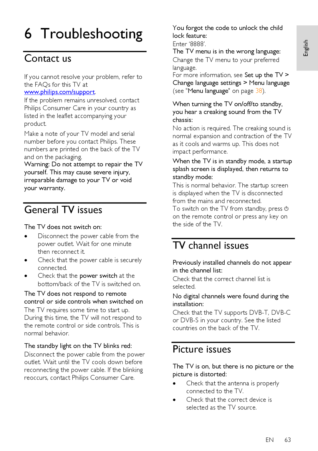 Philips 42PFL76X5C, 42PFL76X5H user manual Troubleshooting, Contact us, General TV issues, TV channel issues, Picture issues 