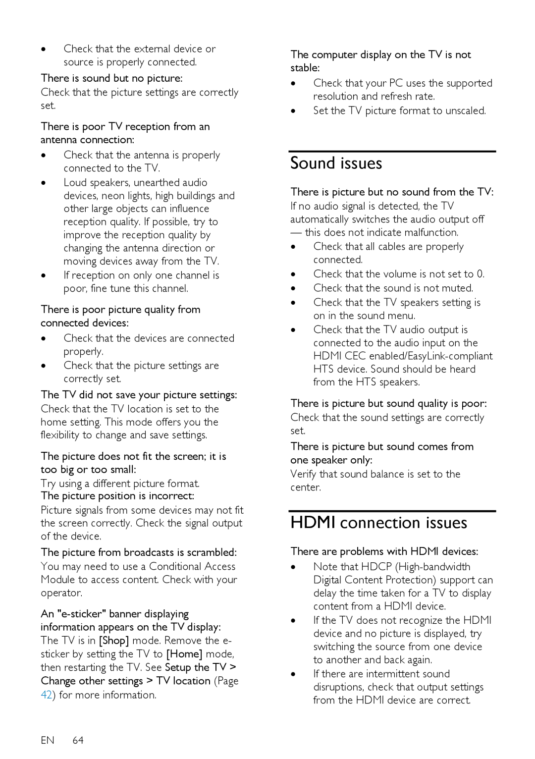 Philips 32PFL74X5H, 42PFL76X5H, 42PFL76X5C, 32PFL76X5C, 32PFL76X5H, 37PFL76X5H, 37PFL75X5H Sound issues, Hdmi connection issues 