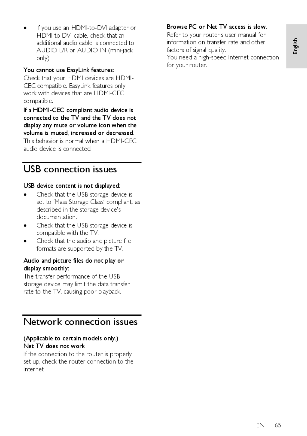 Philips 32PFL76X5C, 42PFL76X5H, 42PFL76X5C, 32PFL74X5H, 32PFL76X5H user manual USB connection issues, Network connection issues 