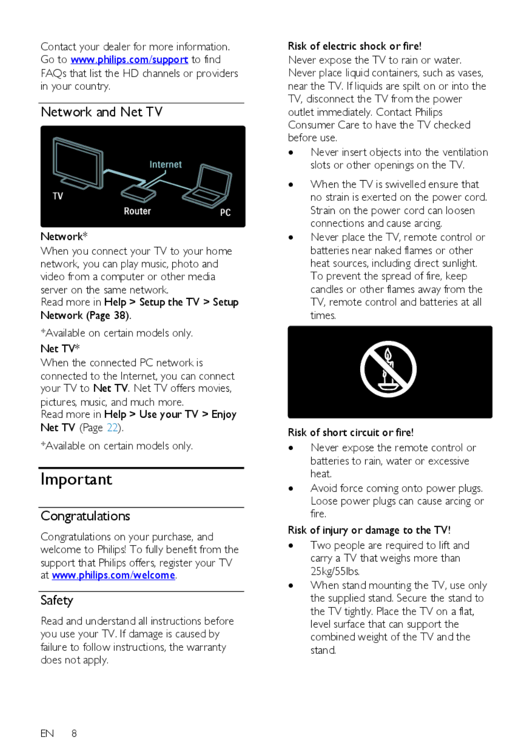 Philips 42PFL76X5H, 42PFL76X5C, 32PFL74X5H, 32PFL76X5C, 32PFL76X5H, 37PFL76X5H Network and Net TV, Congratulations, Safety 