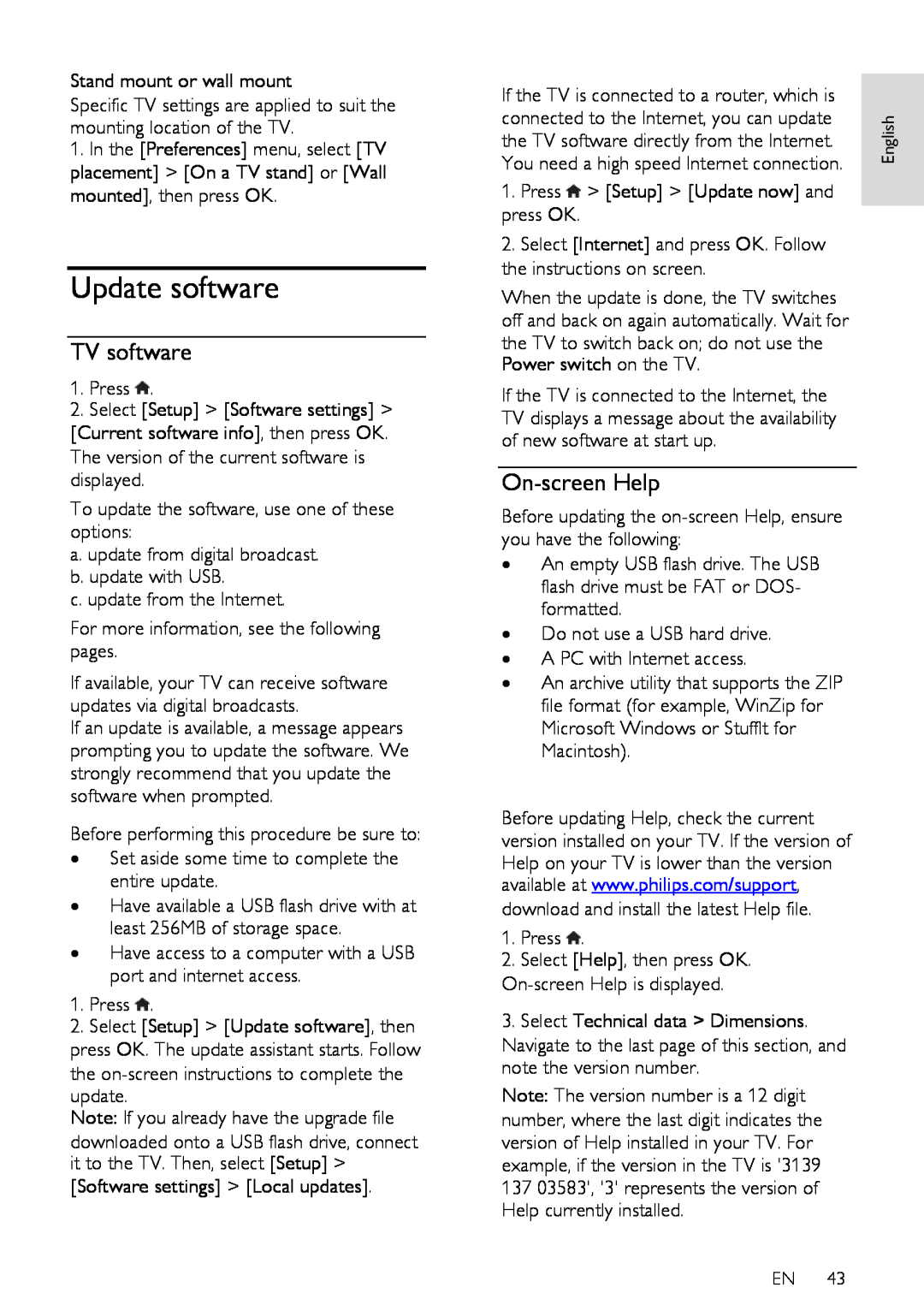 Philips 40PFL76X5H, 42PFL76X5H, 42PFL76X5C, 32PFL74X5H, 32PFL76X5C, 32PFL76X5H Update software, TV software, On-screen Help 