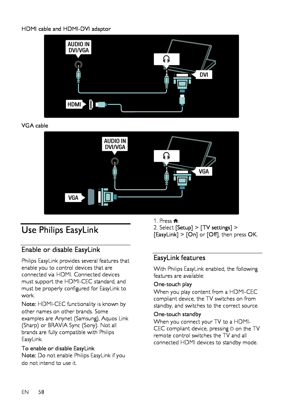 Philips 32PFL76X5H, 42PFL76X5H, 42PFL76X5C, 32PFL74X5H Use Philips EasyLink, Enable or disable EasyLink, EasyLink features 