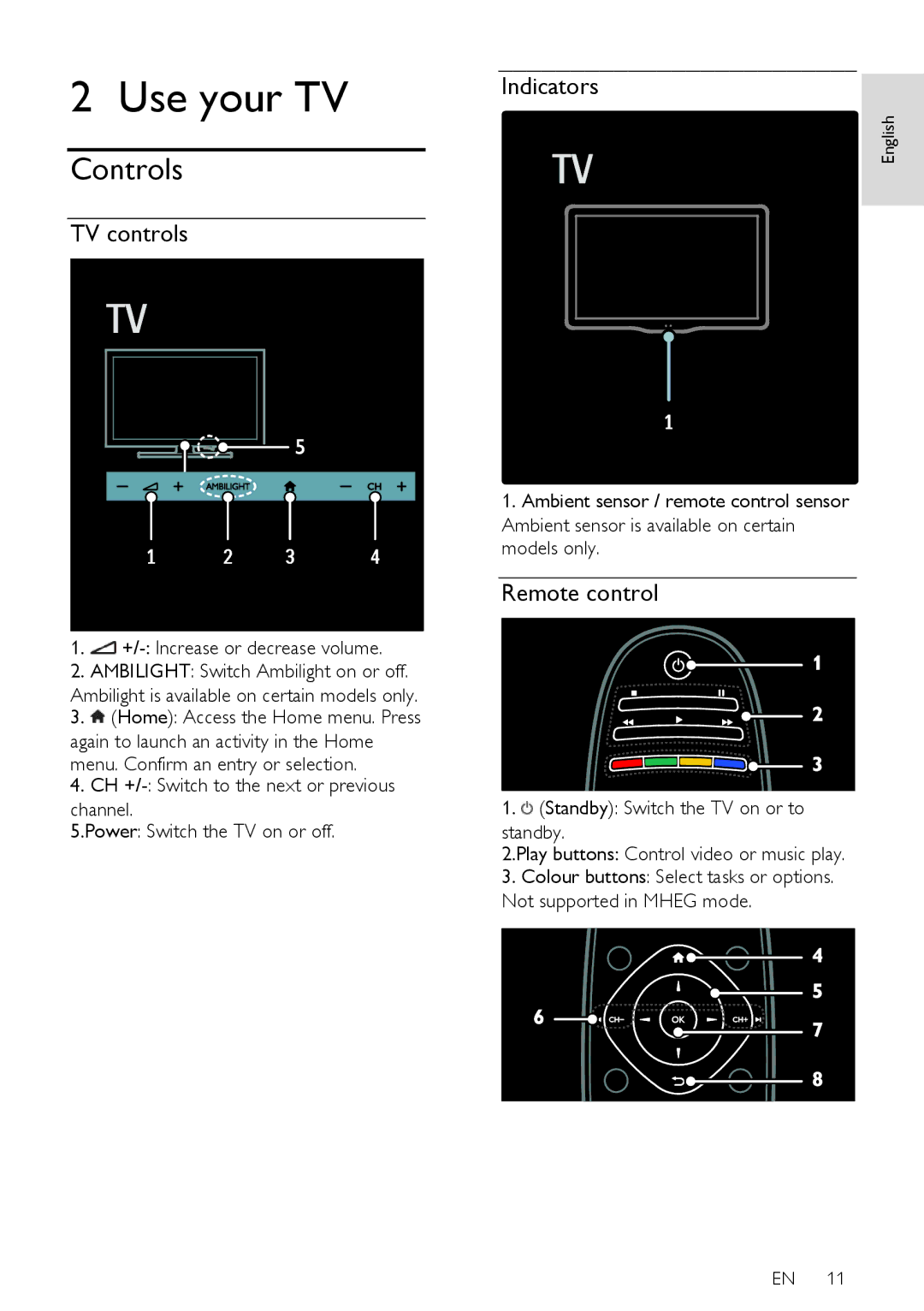 Philips 47PFL76X6H, 42PFL76X6T, 47PFL76X6T, 42PFL76X6H Controls, TV controls, Indicators, Standby Switch the TV on or to 