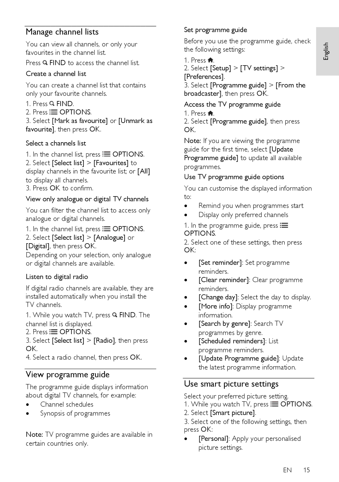 Philips 42PFL76X6T, 47PFL76X6T, 42PFL76X6H user manual Manage channel lists, View programme guide, Use smart picture settings 