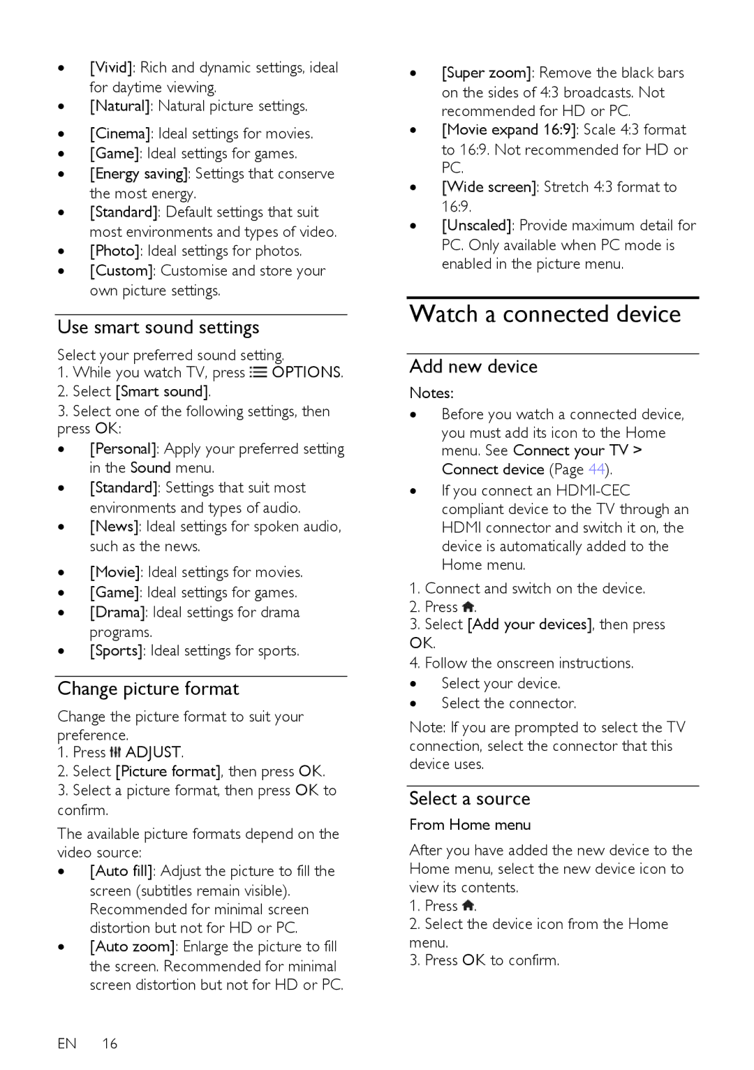 Philips 47PFL76X6T, 42PFL76X6T Watch a connected device, Use smart sound settings, Change picture format, Add new device 