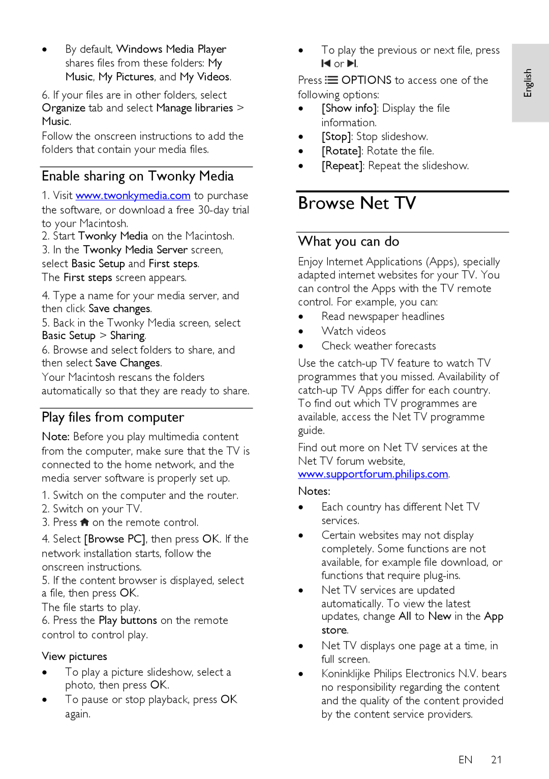 Philips 32PFL76X6K, 42PFL76X6T, 47PFL76X6T Browse Net TV, Enable sharing on Twonky Media, Play files from computer 