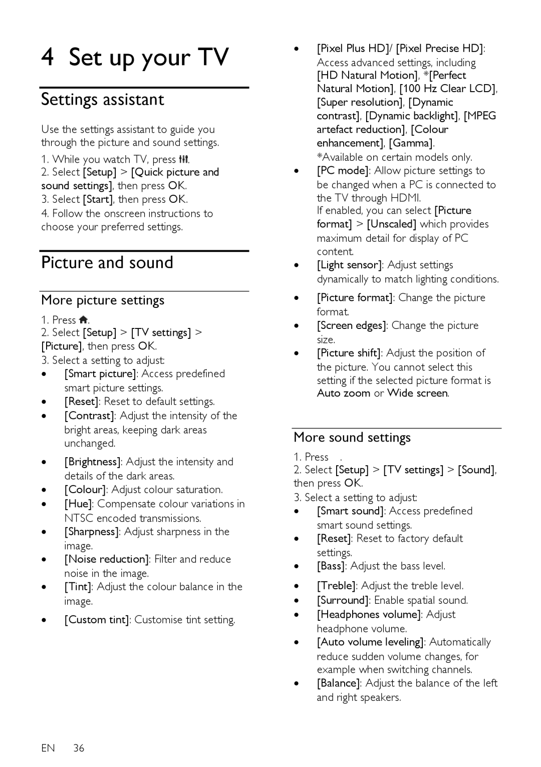 Philips 32PFL76X6K, 42PFL76X6T user manual Settings assistant, Picture and sound, More picture settings, More sound settings 