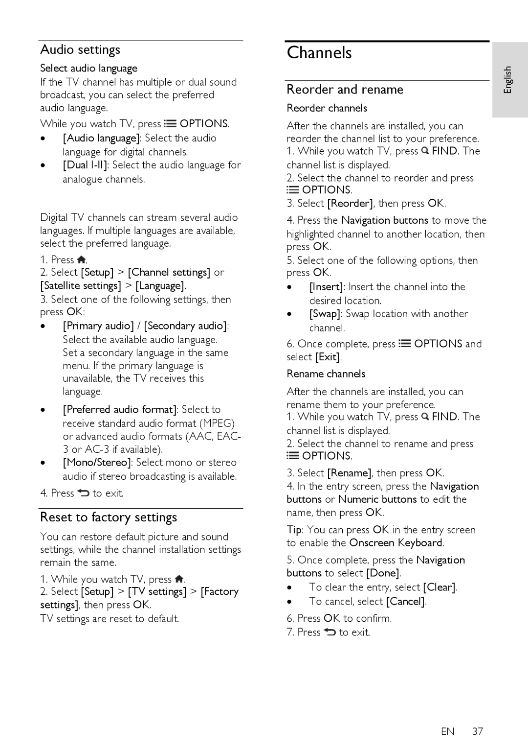 Philips 37PFL76X6T, 42PFL76X6T, 47PFL76X6T Channels, Audio settings, Reset to factory settings, Reorder and rename 