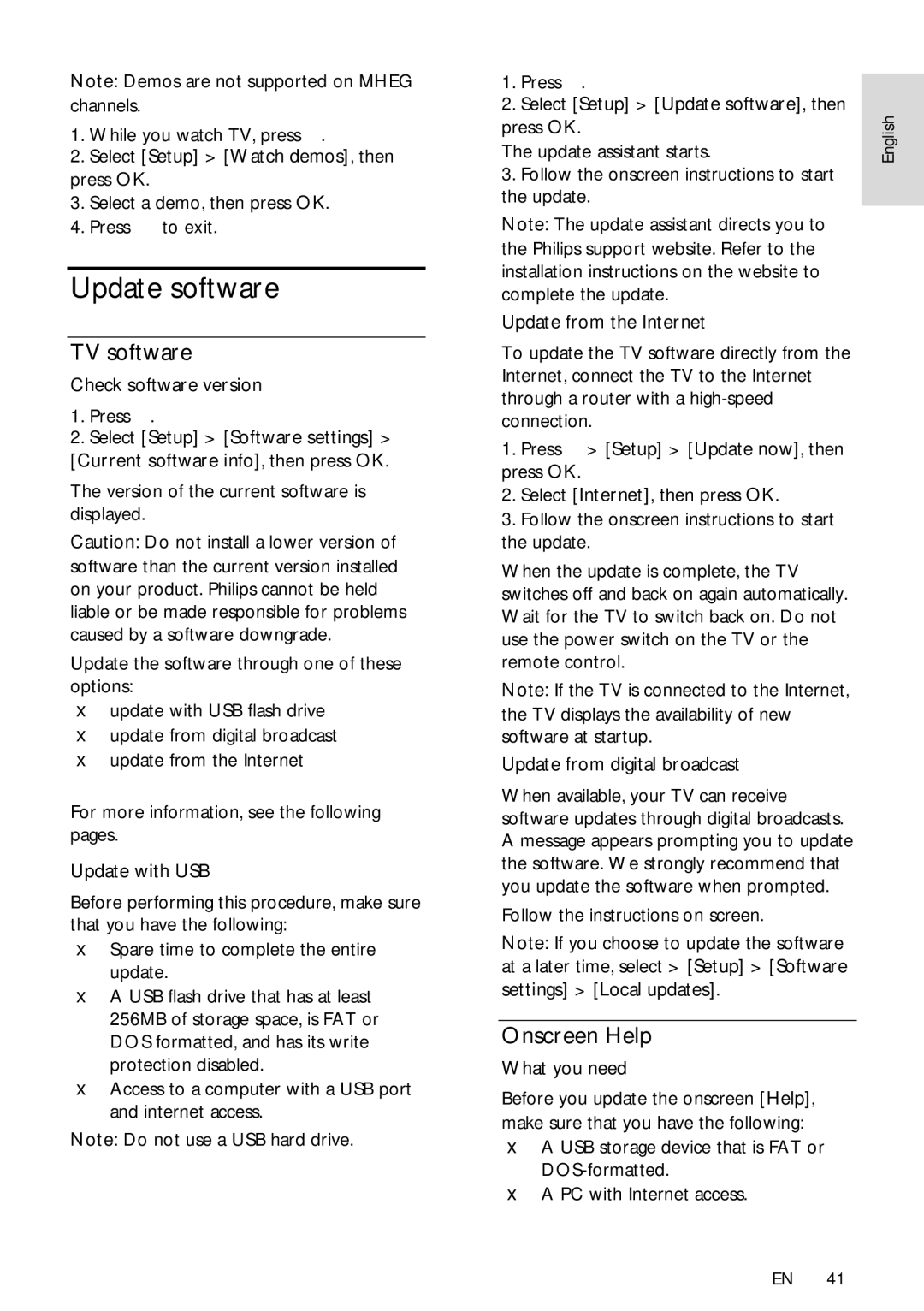 Philips 47PFL76X6H Update software, TV software, Onscreen Help, Follow the instructions on screen, What you need 