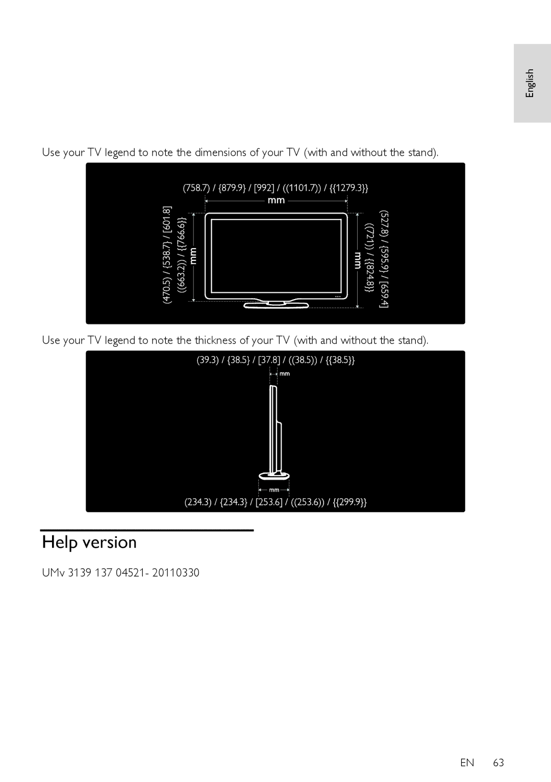 Philips 42PFL76X6K, 42PFL76X6T, 47PFL76X6T, 42PFL76X6H, 32PFL76X6H, 32PFL76X6T, 32PFL76X6K Help version, UMv 3139 137 04521 