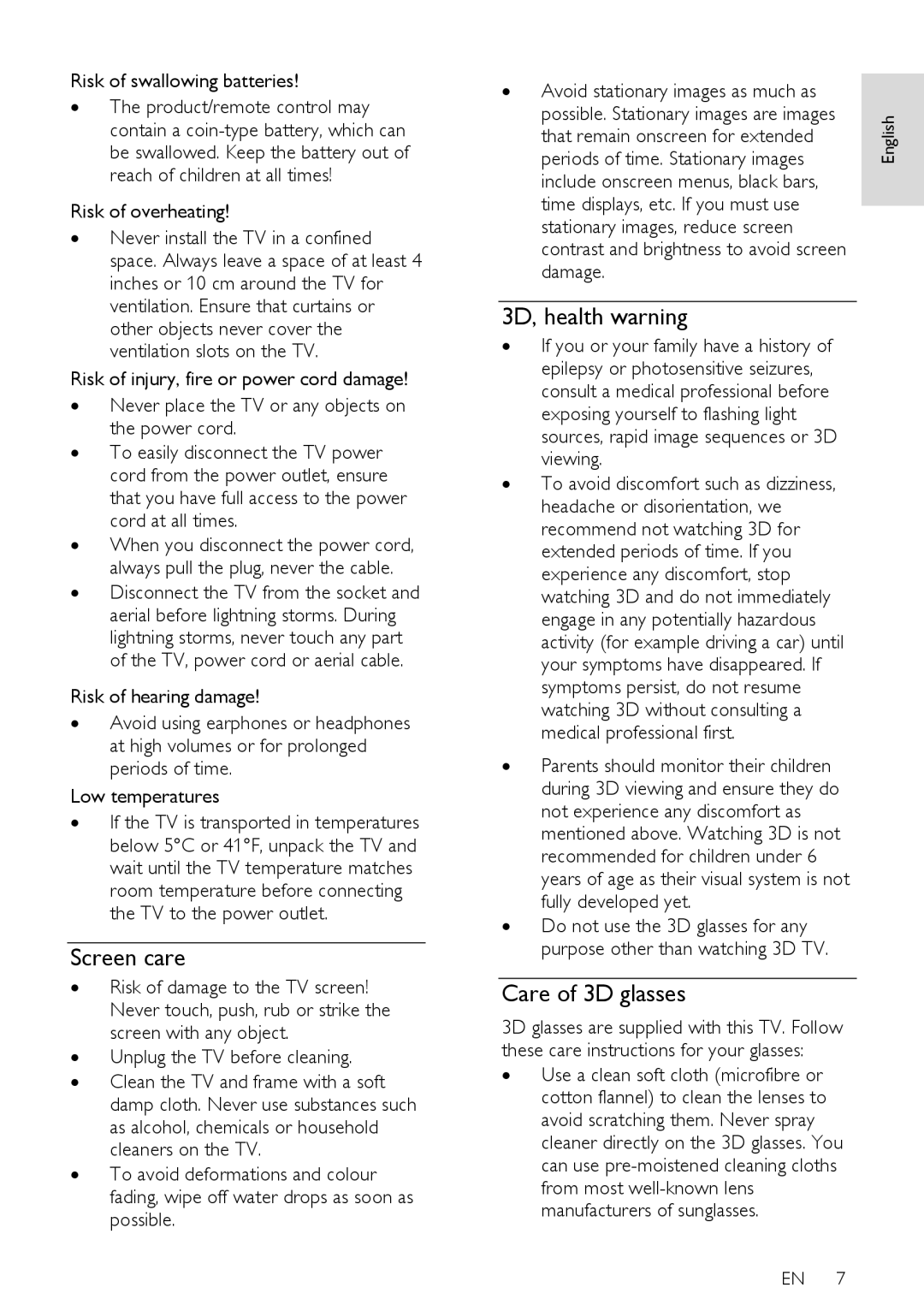 Philips 37PFL76X6T, 42PFL76X6T, 47PFL76X6T, 42PFL76X6H, 42PFL76X6K Screen care, 3D, health warning, Care of 3D glasses 