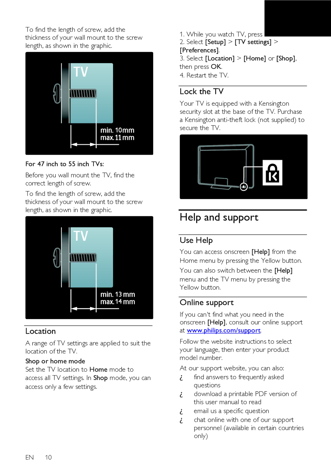 Philips 47PFL76X6K, 42PFL76X6T, 47PFL76X6T, 42PFL76X6H Help and support, Location, Lock the TV, Use Help, Online support 