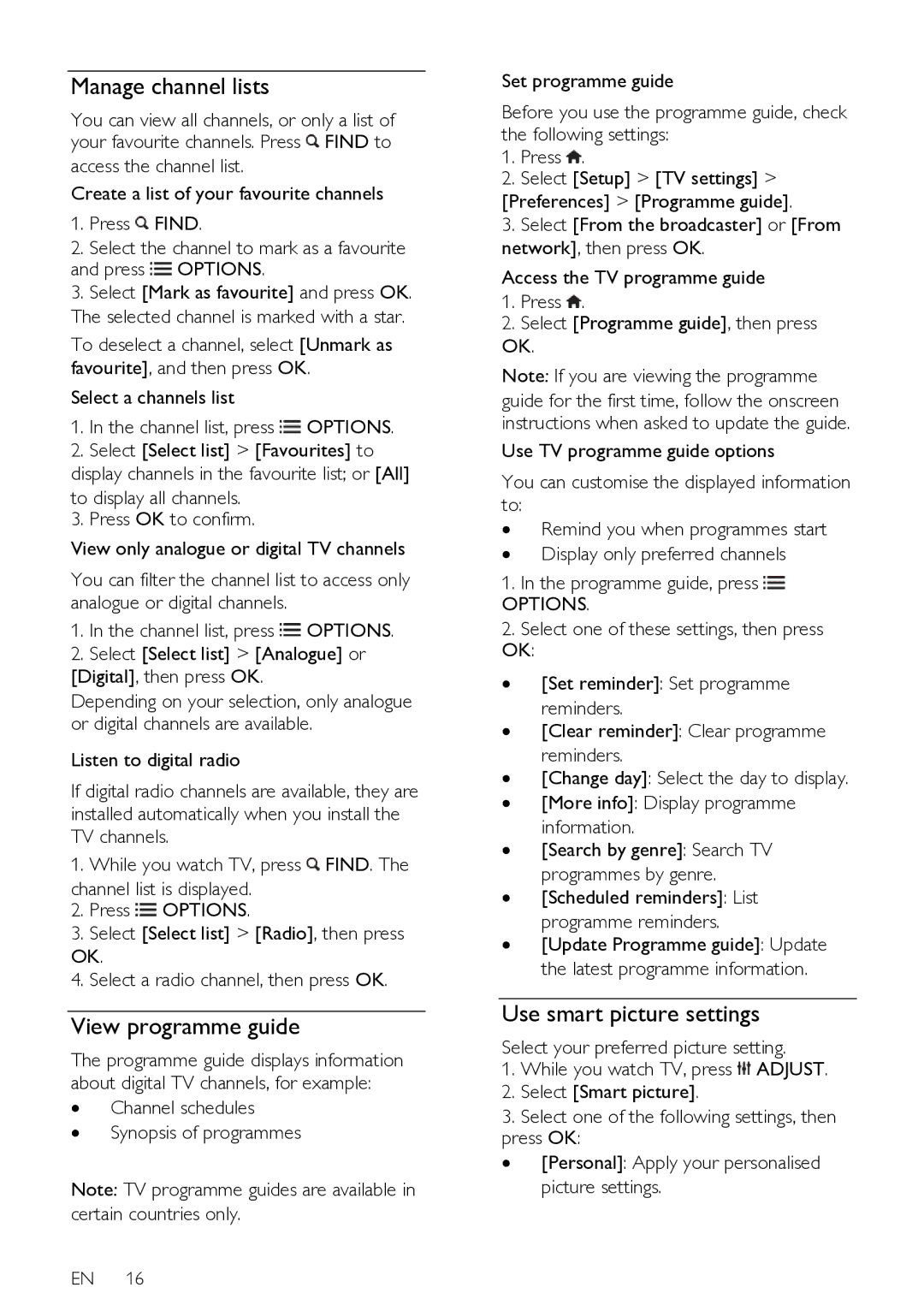 Philips 47PFL76X6T, 42PFL76X6T, 42PFL76X6H user manual Manage channel lists, View programme guide, Use smart picture settings 