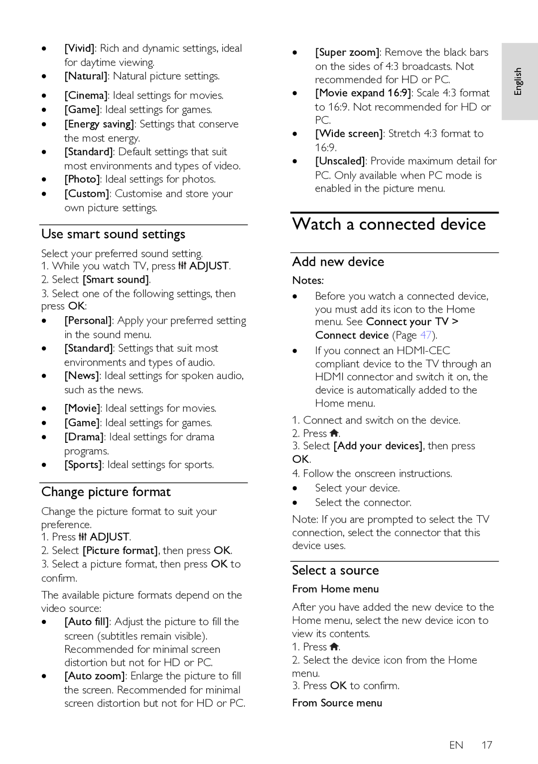 Philips 42PFL76X6H, 42PFL76X6T Watch a connected device, Use smart sound settings, Change picture format, Add new device 