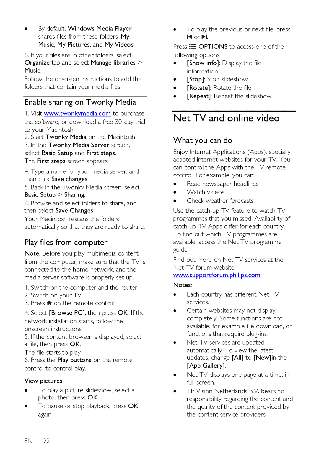 Philips 37PFL76X6T, 42PFL76X6T user manual Net TV and online video, Enable sharing on Twonky Media, Play files from computer 