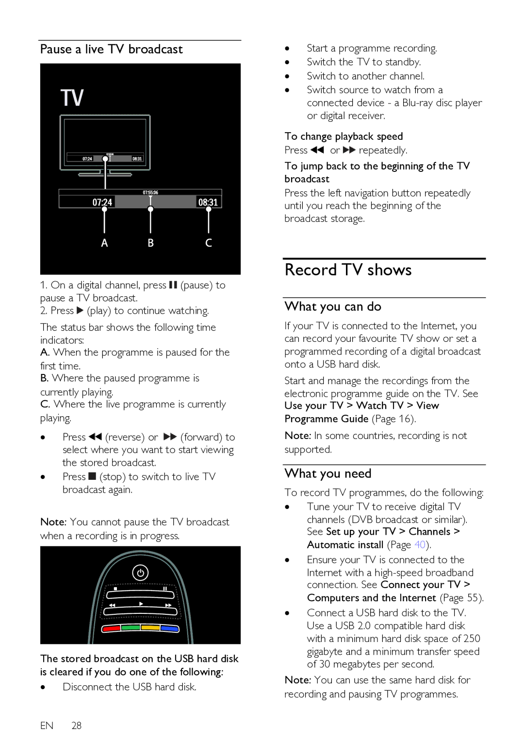 Philips 55PFL76X6H Record TV shows, Pause a live TV broadcast, Programme Guide, ∙ Ensure your TV is connected to 