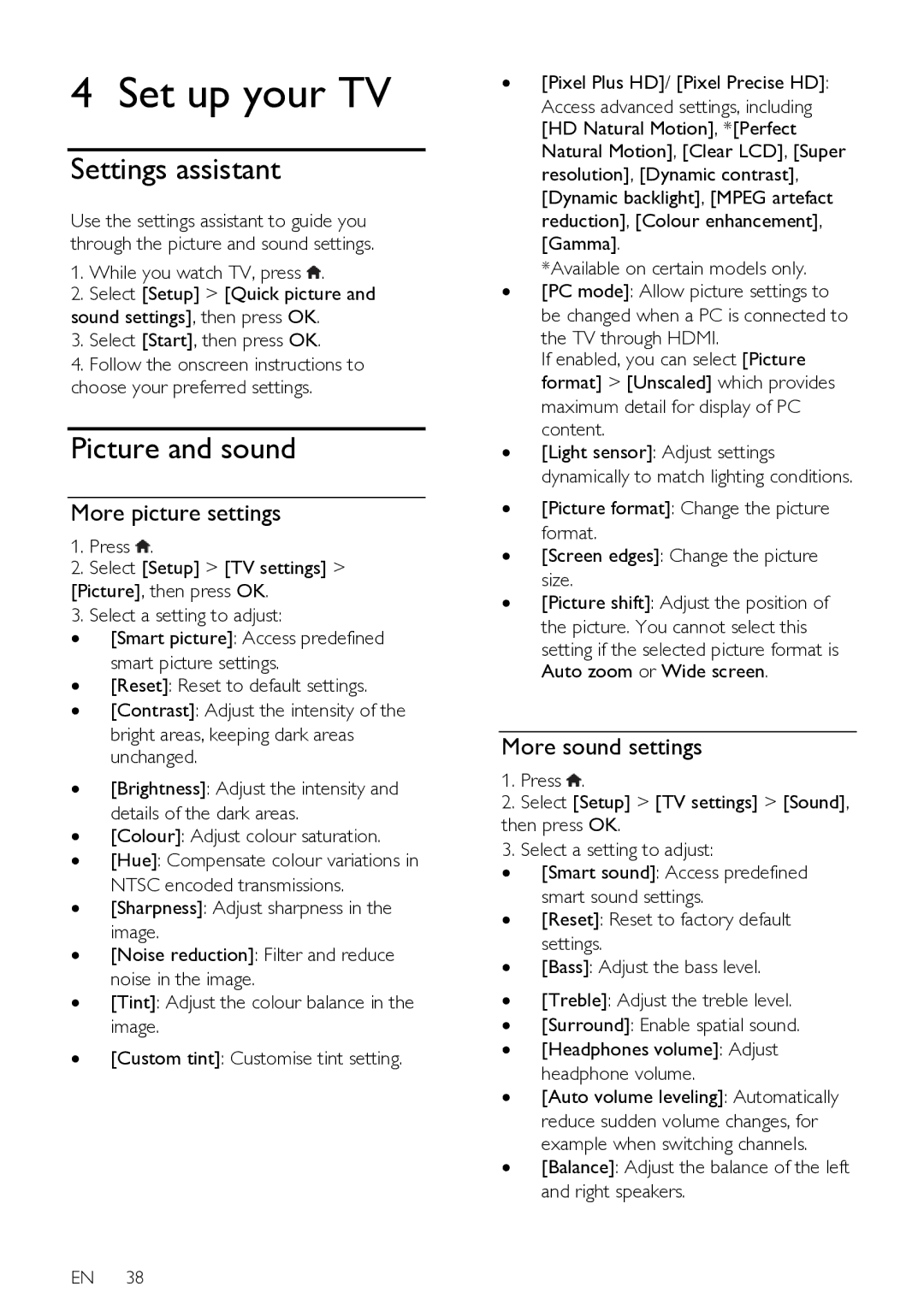 Philips 37PFL76X6K, 42PFL76X6T user manual Settings assistant, Picture and sound, More picture settings, More sound settings 