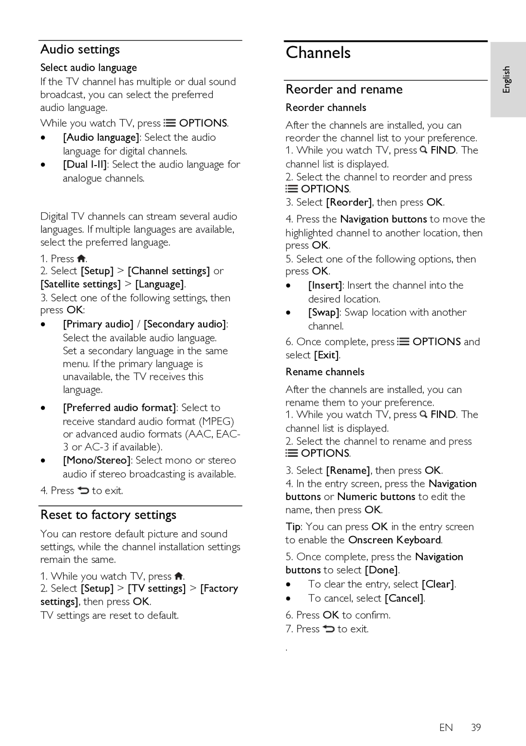 Philips 37PFL76X6H, 42PFL76X6T, 47PFL76X6T Channels, Audio settings, Reset to factory settings, Reorder and rename 