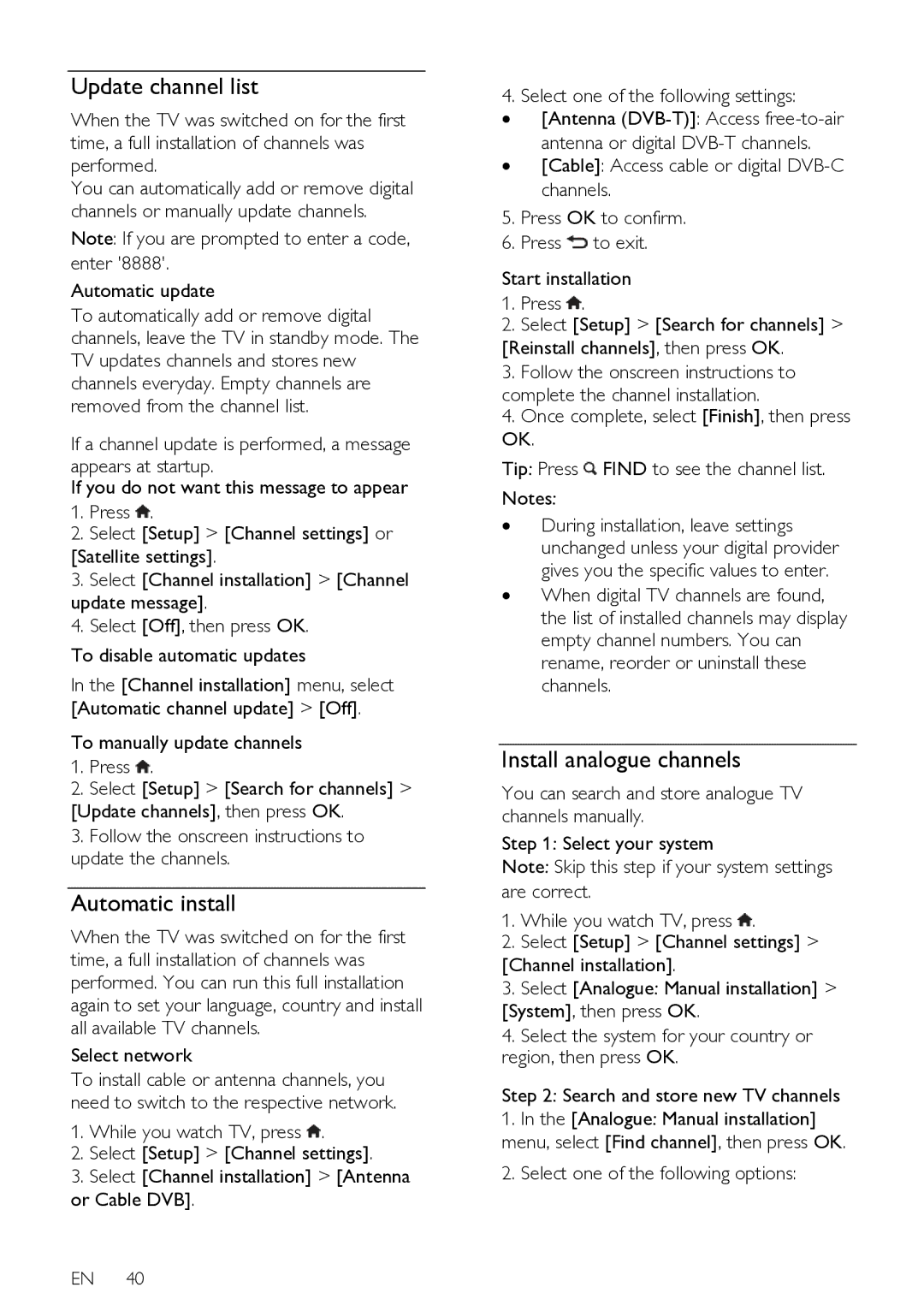 Philips 47PFL76X6K, 42PFL76X6T, 47PFL76X6T, 42PFL76X6H Update channel list, Automatic install, Install analogue channels 